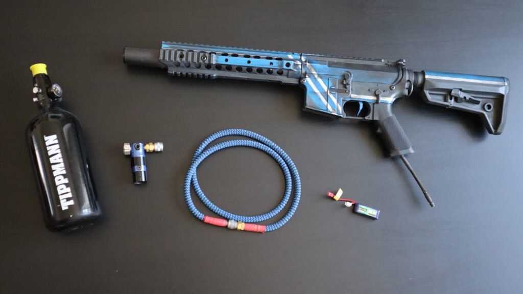 HPA setup: replica, air tank, regulator and hose.